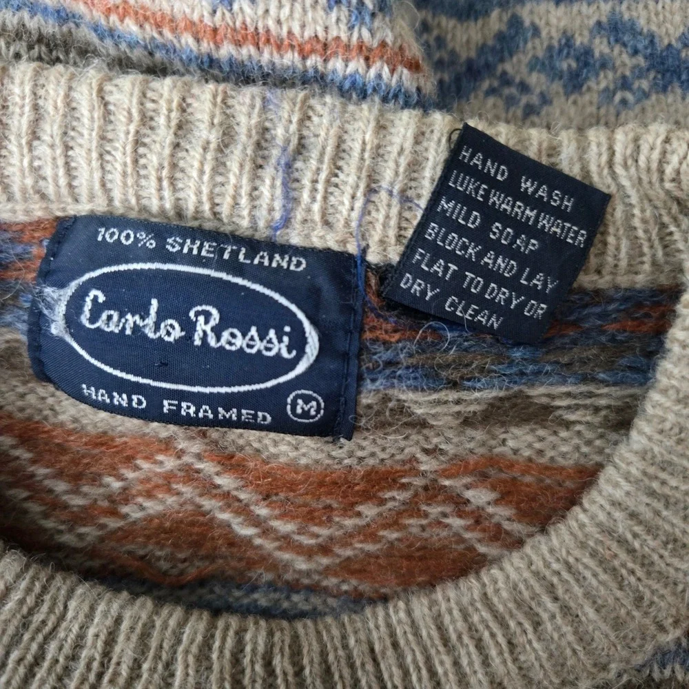 Vtg 100% Shetland Wool Mens M Hand-Framed Sweater Fair Isle Cozy Fall Winter